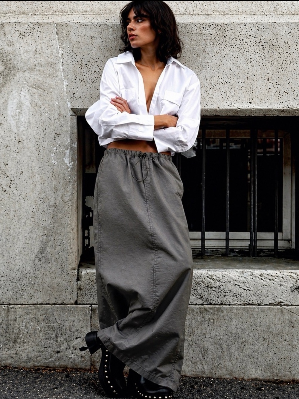 ZARA Hi-Tech Drawstring Grey Cargo Maxi Skirt Size Large NWT - Picture 5 of 10